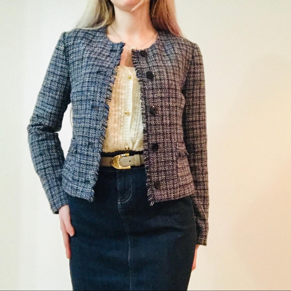 Banana Republic Tweed Fringe Blue Business Jacket